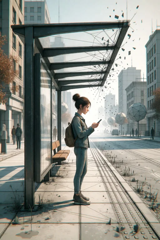 Strangedaal. A Photorealistic Woman Stands At A Modern Bus S...