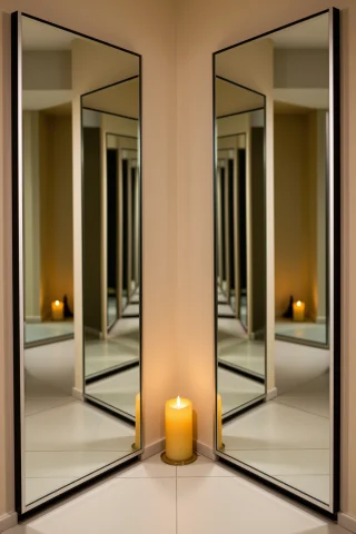 Two Facing Mirrors Creating An Infinite Corridor Of Reflecti... — Stable Diffusion AI Prompt: Two facing mirrors creating an infinite corridor of reflections with a candle be...