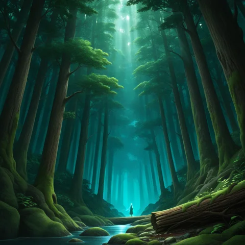 Misty Morning In An Ancient Temperate Rainforest. Foreground... — Stable Diffusion AI Prompt: Misty morning in an ancient temperate rainforest. Foreground moss-covered fallen...