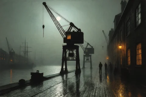 In The Manner Of Grimshaws Moonlit Visions, Dock Crane Again... — Stable Diffusion AI Prompt: In the manner of Grimshaw's moonlit visions, dock crane against a full moon with...