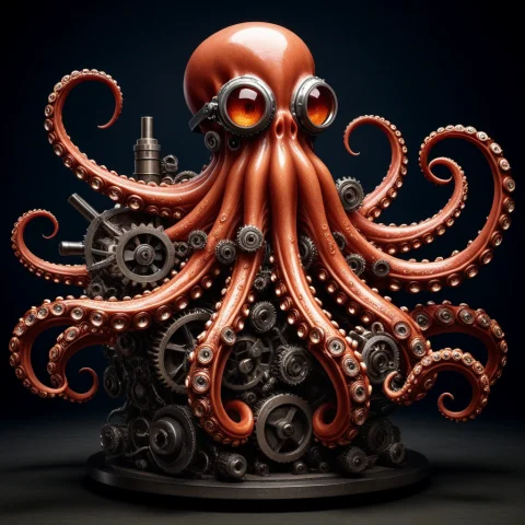 A Spectacular Anthropomorphic Mechanical Octopus As The Huge... — Stable Diffusion AI Prompt: `a spectacular anthropomorphic mechanical octopus as the huge central protagonis...