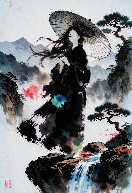 Traditional Ink Wash Painting Of An Anime Character On Raw R...