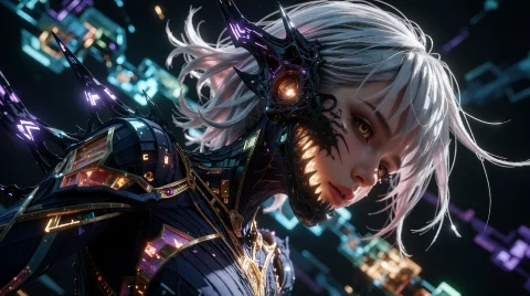 A Digital Illustration Of A Futuristic Female Character With... — Stable Diffusion AI Prompt: A digital illustration of a futuristic female character with light skin and stri...