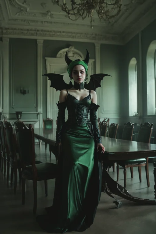 A Woman In A Black And Green Outfit With Wings On Her Head A...