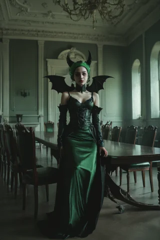 A Woman In A Black And Green Outfit With Wings On Her Head A... — SDXL AI Prompt: a woman in a black and green outfit with wings on her head and a bat on her ches...