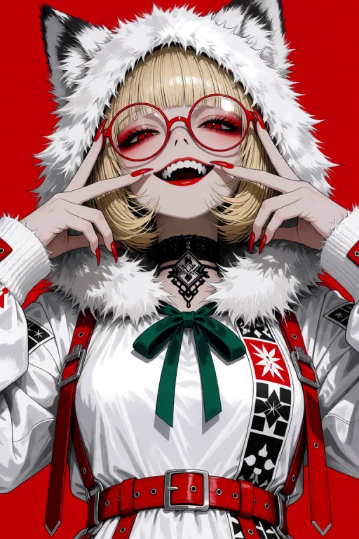 Anime Style, A Charismatic Girl Wearing A White Wolf Fur Hoo...