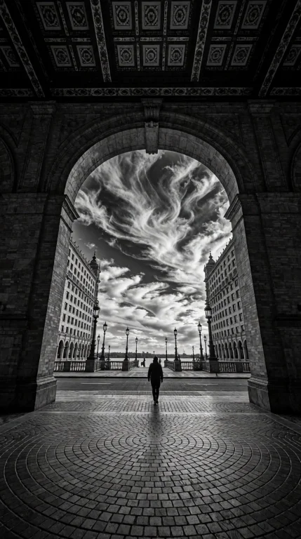 A Massive, Symmetrical Stone Archway Frames A Dramatic, Clou...