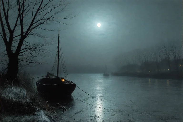 Grimshaw Victorian Nightscape, Frozen Canal At Night With Th...