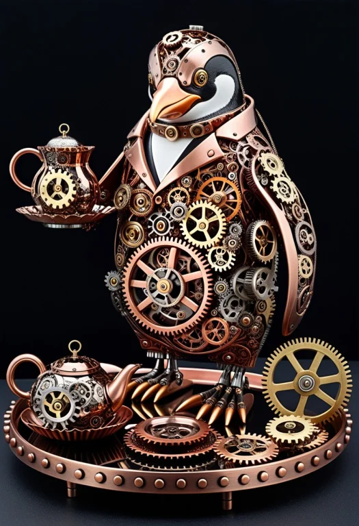 Gearstyle, A Penguin Butler Serving Tea On A Tray, Intricate...