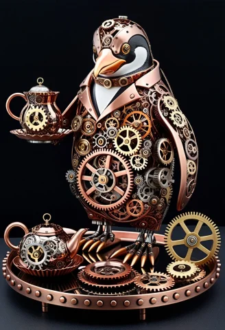 Gearstyle, A Penguin Butler Serving Tea On A Tray, Intricate... — SDXL AI Prompt: gearstyle, a penguin butler serving tea on a tray, intricate interlocking gears...
