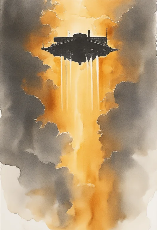 A Landing Craft Descending Through Amber Clouds, Ink Wash Pa...