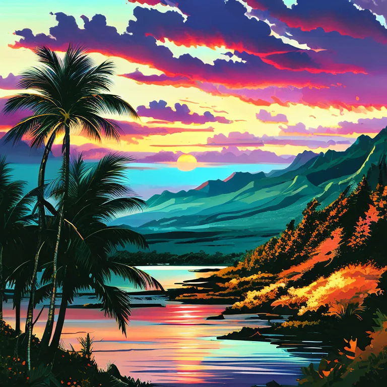 A Landscape Painting Of A A Sunset Over Hawaii, Inkpunklands...