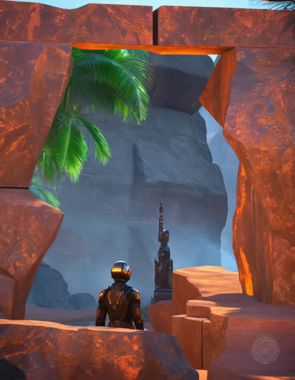 Solarpunk Biopunk Cavernous Basalt Hall, Solitary Spacer Sta...