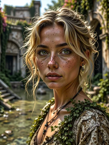 Hpoc, Hidden Post-apocalyptic Overgrowth Courtyard, Extreme... — Stable Diffusion AI Prompt: HPOC, Hidden Post-apocalyptic Overgrowth Courtyard, extreme close-up of a blonde...