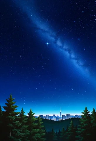 Forest, Trees, Night Sky, Stars, City In The Background, Ani... — Stable Diffusion AI Prompt: Forest, trees, night sky, stars, city in the background, anime screencap, no hum...
