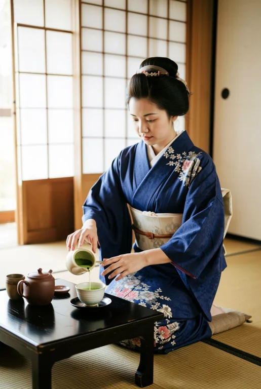 A 26-year-old Japanese Woman In An Indigo Vintage Kimono Kne...