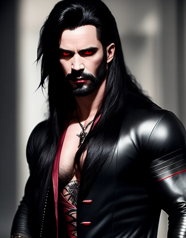 Male, Vampire, Black Long Hair, Red Eyes, Beard, Tattoos, Mu...
