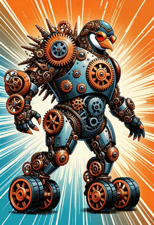 Comic Book Style Cover Illustration, A Heroic Gear-built Pen...