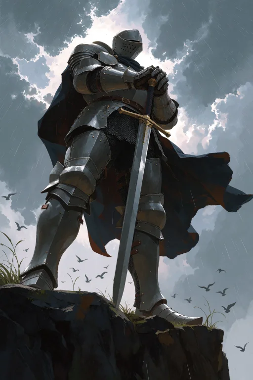 Extreme Low Angle Looking Up At A Towering Knight Standing A...