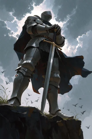 Extreme Low Angle Looking Up At A Towering Knight Standing A... — Stable Diffusion AI Prompt: Extreme low angle looking up at a towering knight standing at the edge of a clif...