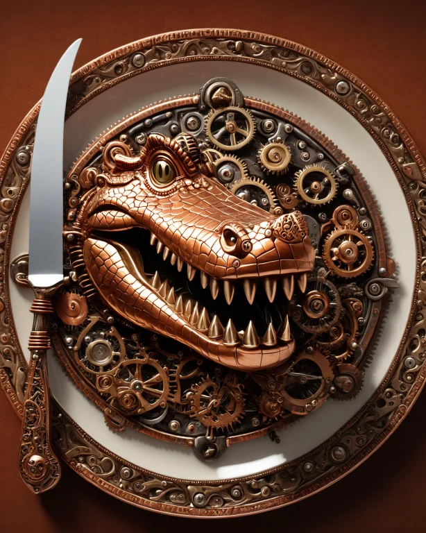 A Clockwork Crocodile Made Of Copper Gears, Grinning, A Napk...