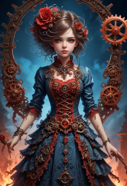 A Girl In A Victorian Dress Holding A Key Amid Giant Gears....