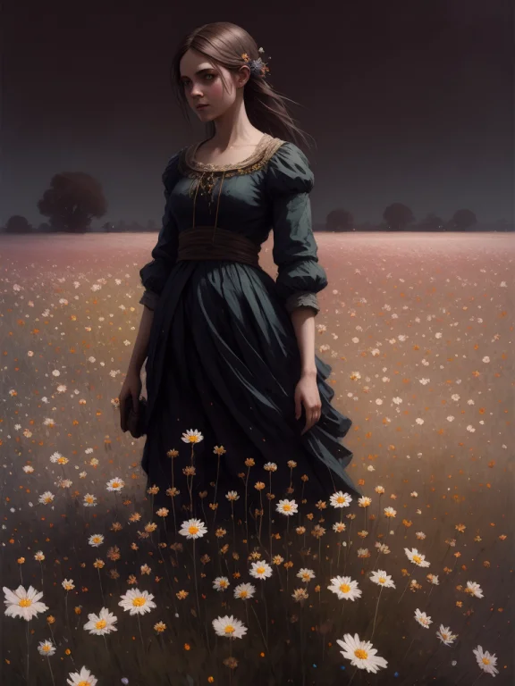 Night, Girl On Flowers Field, High Detail, Art By Greg Rutko...