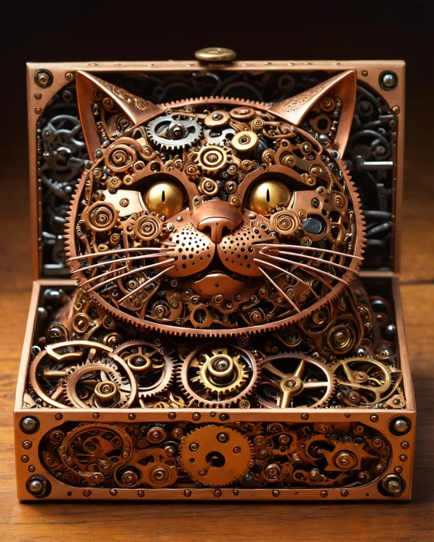 A Chubby Clockwork Cat Made Of Copper Gears, Squeezed Into A...