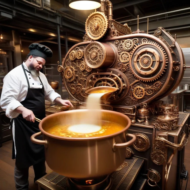 A Steampunk Chef Cooking Soup Inside A Gigantic Machine Powe...