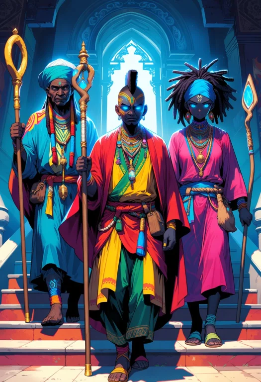 Three Of African Shamans Descending The Stairs With Staffs I...