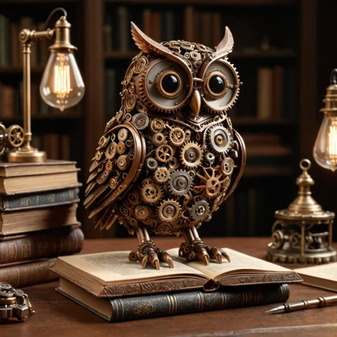 Steampunk Mechanical Render, Gearstyle Owl Librarian, Made O... — Stable Diffusion AI Prompt: steampunk mechanical render, gearstyle owl librarian, made of gears, copper bras...