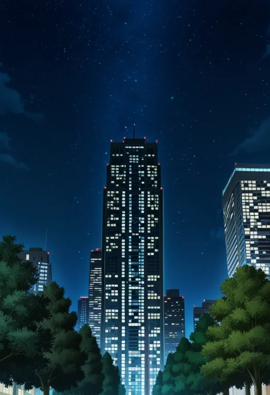 Park, Trees Close Up, Tall Buildings, Night Sky, City In The...