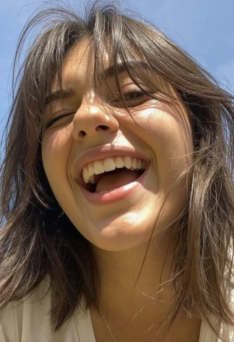 A Young Woman, Head-and-shoulders Close-up, Warm Open-mouthe... — Stable Diffusion AI Prompt: a young woman, head-and-shoulders close-up, warm open-mouthed smile with one eye...