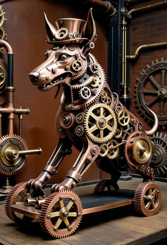 Interlocking Gears, Anubis Dog Constructed Entirely From Lay... — SDXL AI Prompt: interlocking gears, Anubis dog constructed entirely from layered brass, copper a...