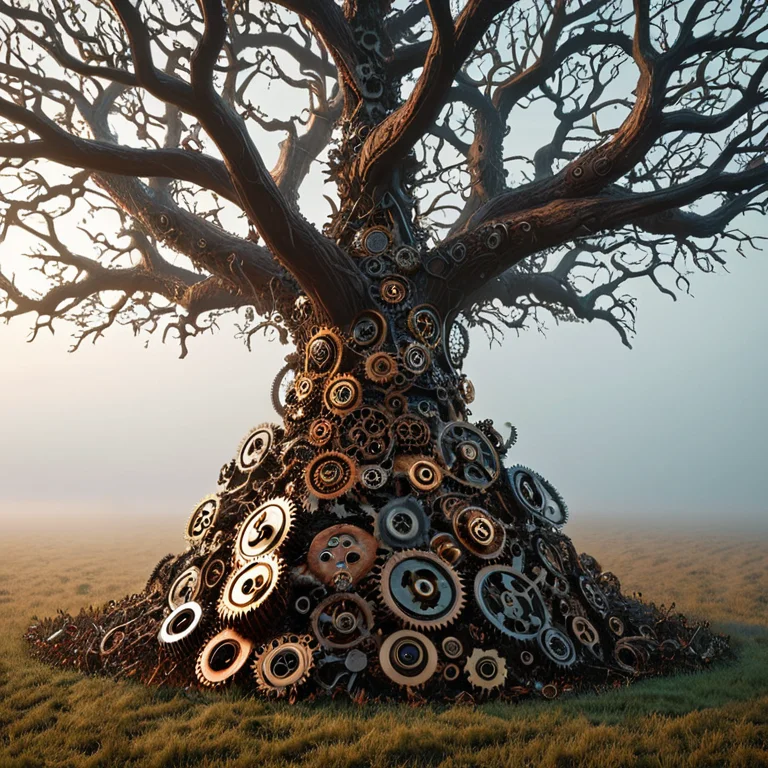 An Ancient Gnarled Tree With Spreading Branches Alone In A M...