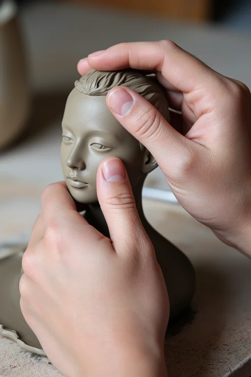 A Sculptors Hands Covered In Wet Clay Shaping A Small Face,...