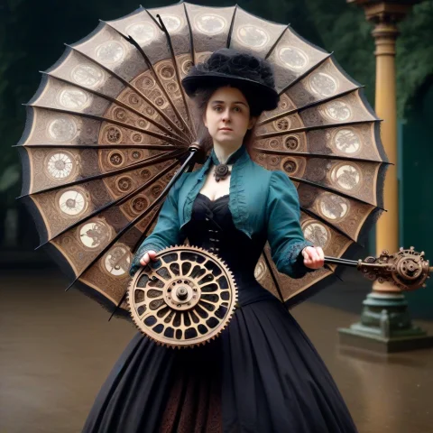 A Victorian Woman Opening Her Umbrella, Revealing A Massive... — SDXL AI Prompt: A Victorian woman opening her umbrella, revealing a massive intricate mechanism...