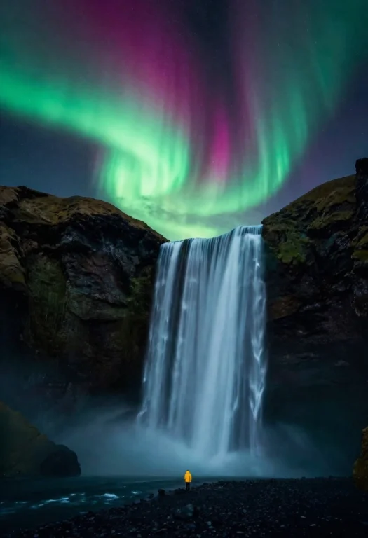 Massive Waterfall Cascading Down Dark Silhouetted Cliffs, Sm...