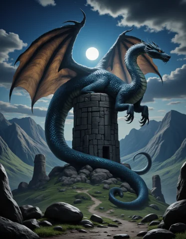 Terragen, A Colossal,winged Serpent With Scales That Shift C... — FLUX AI Prompt: Terragen, A colossal,winged serpent with scales that shift colors in the moonlig...