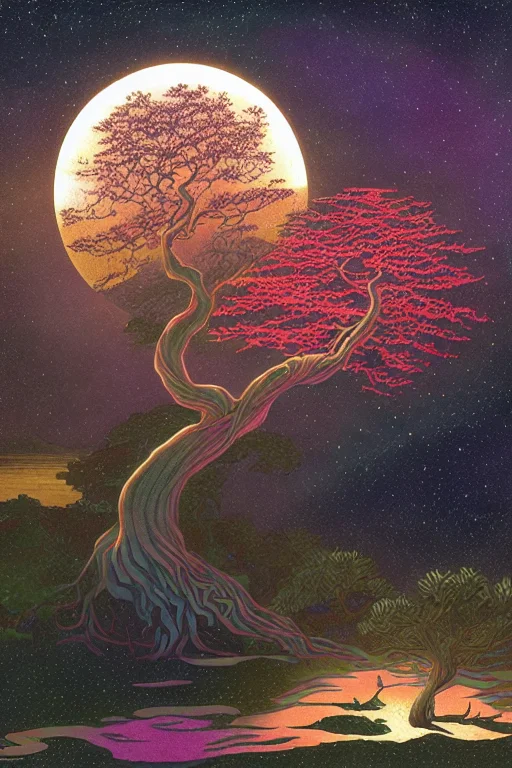 A Brilliant Glowing Bonsai Tree In The Middle Of A Lake, Sta...