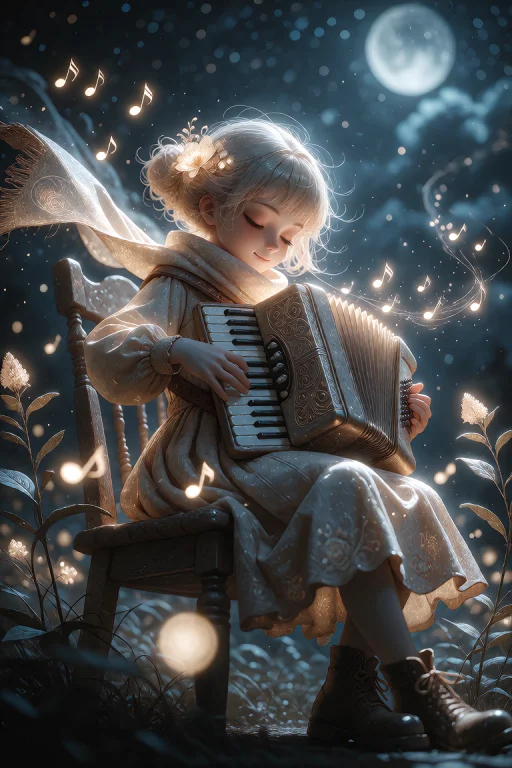 Cute Girl Playing Accordion Under Moonlight, Sitting On Wood...