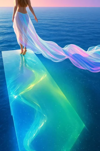 Supermodel Stepping Barefoot Onto An Endless Glass Bridge Ab... — Stable Diffusion AI Prompt: Supermodel stepping barefoot onto an endless glass bridge above a glowing ocean,...