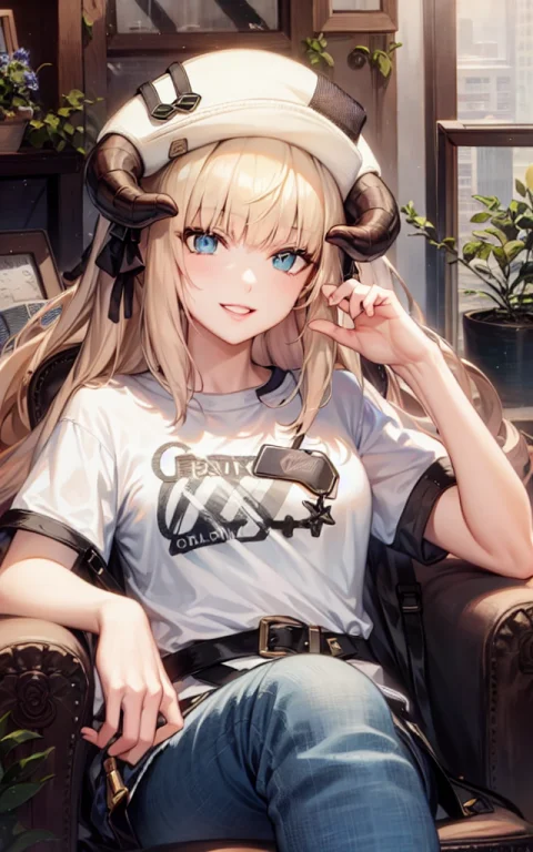 ,1girl,jeans,t-shirt,headphone,hat,horn,chair,sitting,headba...