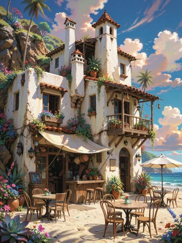 An Anime-style Illustration Of A Luxurious Beach Resort Feat... — Stable Diffusion AI Prompt: An anime-style illustration of a luxurious beach resort featuring white villa ar...