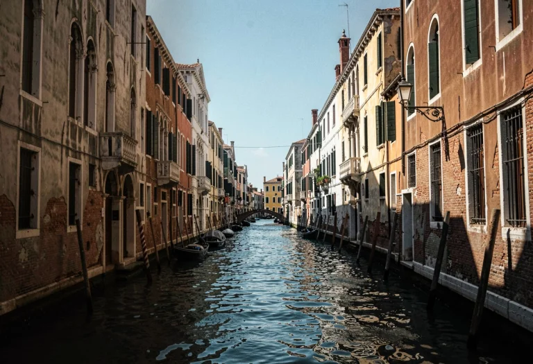 A Venetian Canal Lined With Weathered Palazzos, Raw Photo, S...