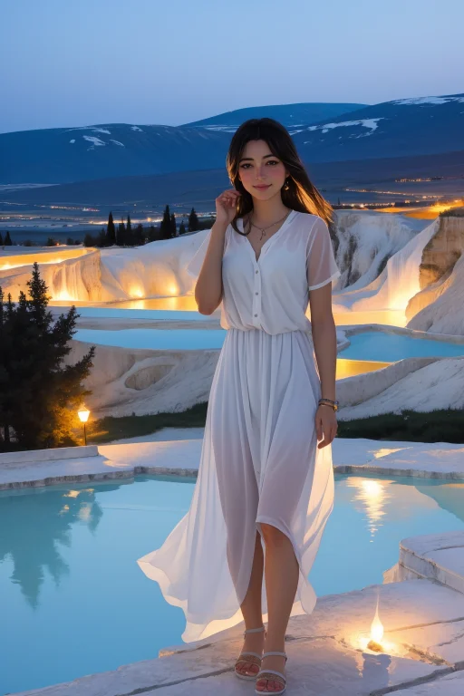 1girl, Lorahejiaying0.8, Landscape Of A Pamukkale, At Dusk,...