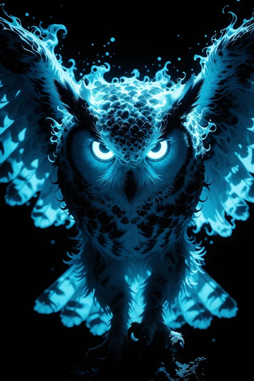 Digital Artwork Of A Glowing Blue Owl With Wings Spread Wide...