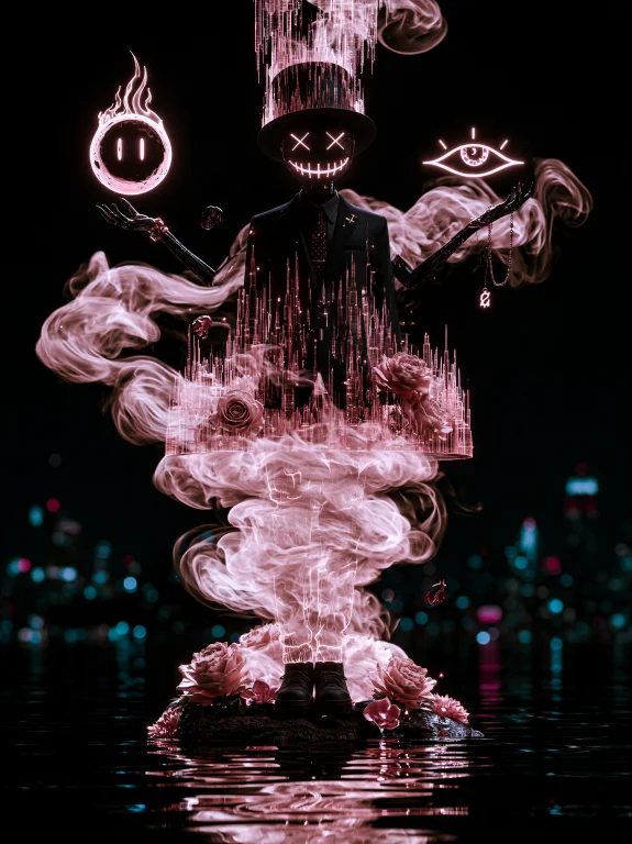 A Surreal Enigmatic Gentleman Standing Above Dark Reflective...