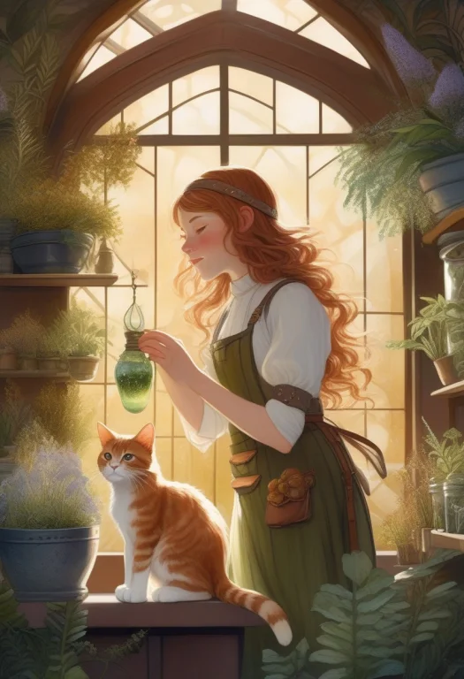 A Whimsical Fantasy Painting Of A Gentle Cat Girl Apprentice...