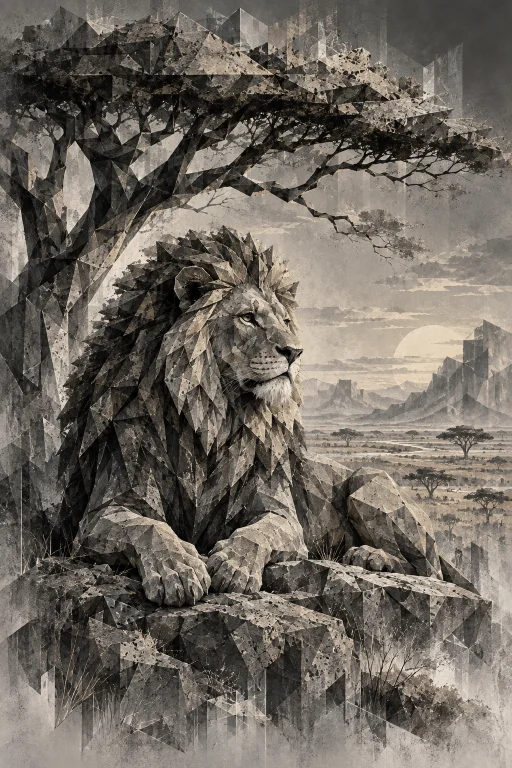 Un Lion Majestueux, Couch Sous Un Acacia Dans La Savane Afri...